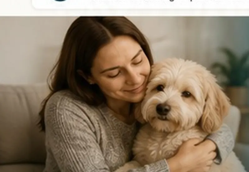 Tutora abrazando a su perro en casa